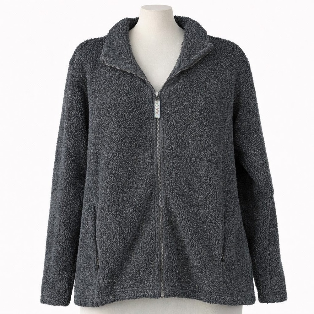 Cabelas Womens Full Zip Polartec Fleece Jacket Size M Black Gray‎ Fuzzy Pockets